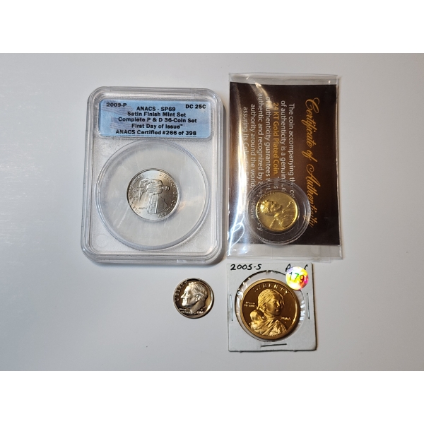 Assorted U.S. Coins Including ANACS Quarter, Vintage Collector Coin, Proof-Like - See Description!