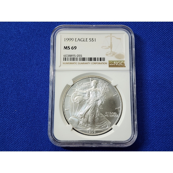 1999 $1 American Siver Eagle 1 oz Fine Silver Graded by NGC MS 69