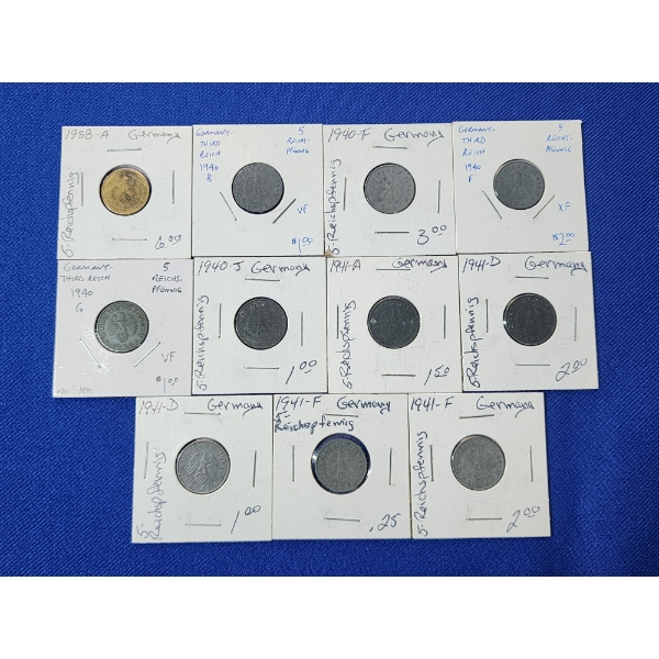 x11 Assorted Years & Mintmark Germany 5-Reichspfenning Coins Including 1938 Bronze, XF & VF