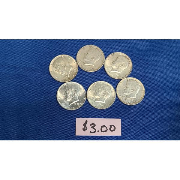 1964 90% Silver Kennedy Half Dollars - Face Value: $3.00