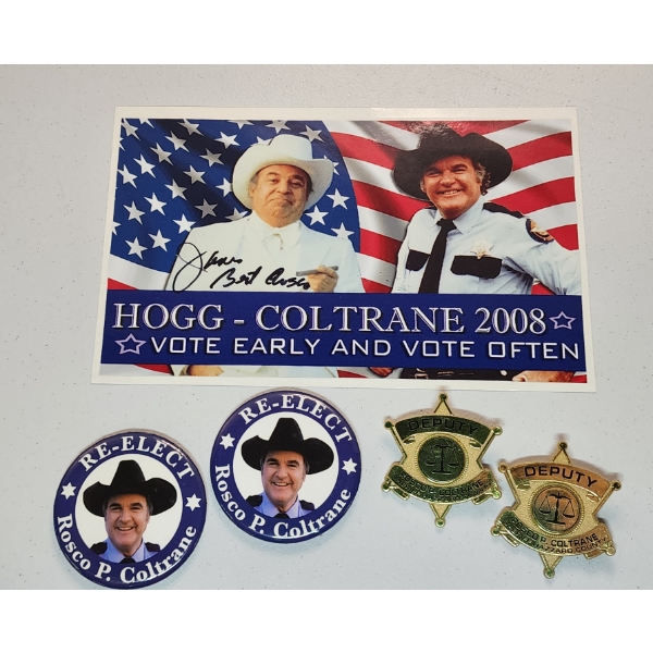 Collectible Boss Hogg & Sheriff Rosco P. Coltrane Dukes of Hazzard Signed Poster, Badges, & Pins