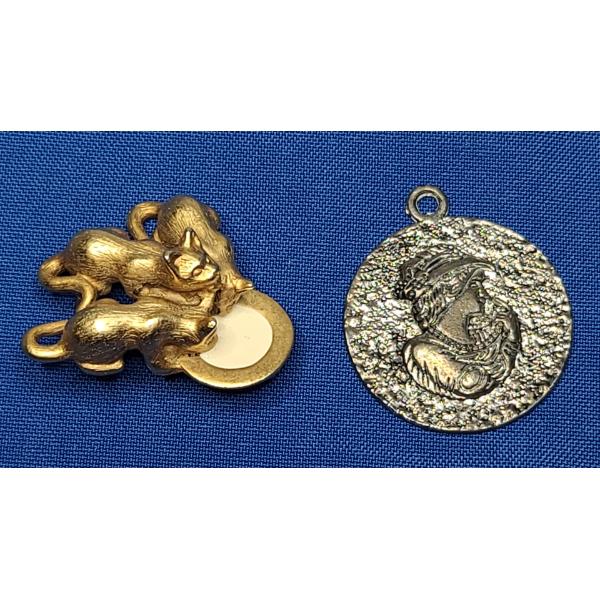 Vintage American Jewelry Chain Co. Three-Cat Pin Brooch & Art Nouveau-Style Lady Pendant
