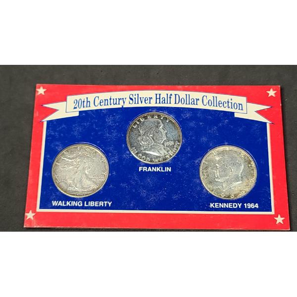 SSCA 20th Century Silver Half Dollar Collection Display Ft Walking Liberty, Franklin & Kennedy