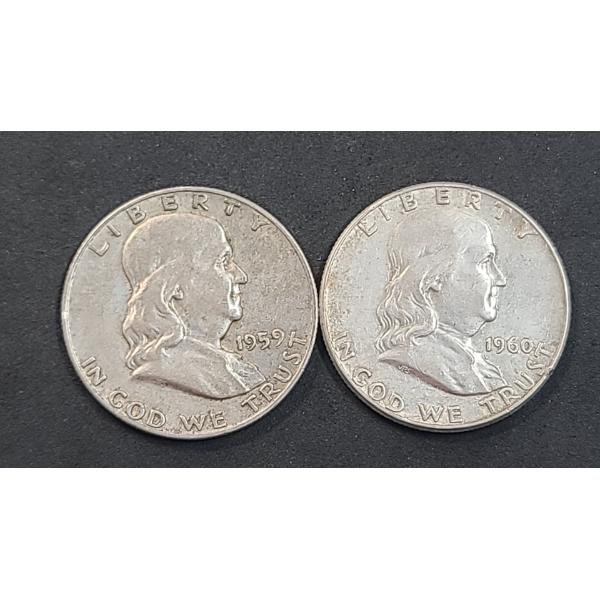 
United States 1959-D & 1960 90% Silver Franklin Half Dollars - Face Value: $1.00