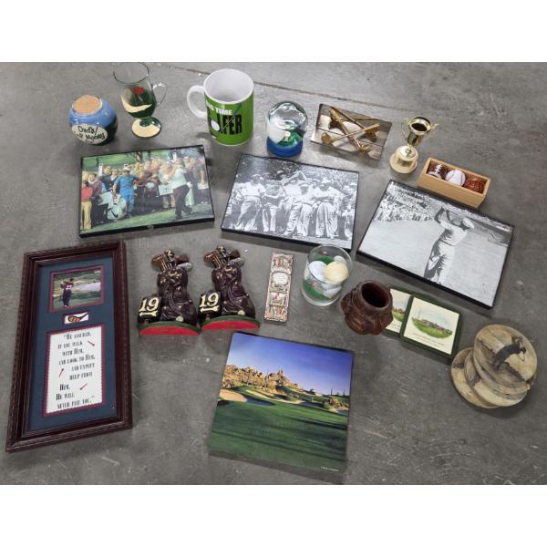 Golf Collection Including Cast Iron Decor, Mouse Pad, Snow Globe, Framed Pictures And More