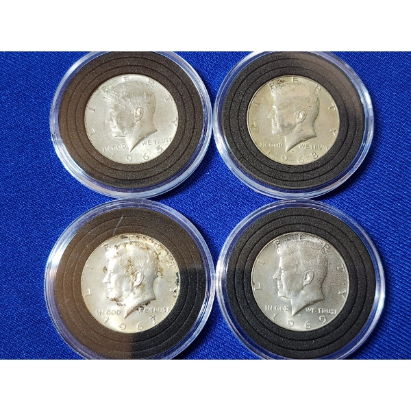 x4 40% Silver Kennedy Half Dollars 1965, 1967, 1968, 1969 In Coin Capsules FV: $2.00