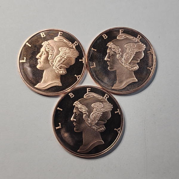 Three Mercury Head Design 1 AVDP Ounce .999 Fine Copper Rounds - 3 oz Copper Total!