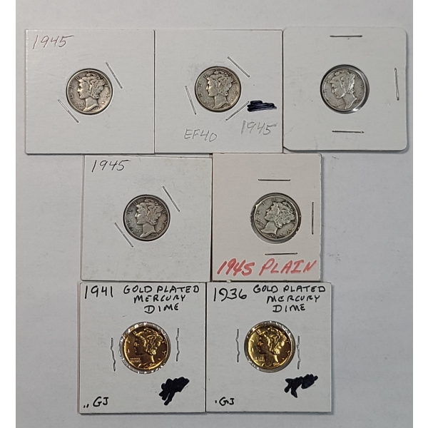 (7) Assorted Years 90% Silver Mercury Dimes (2 Are Gold Plated) - Face Value: $0.70