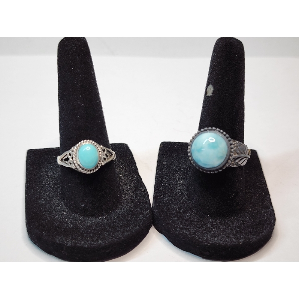 Two Sterling Silver Rings with Large Turquoise/Light Blue Stones - TW: 8.6g 
