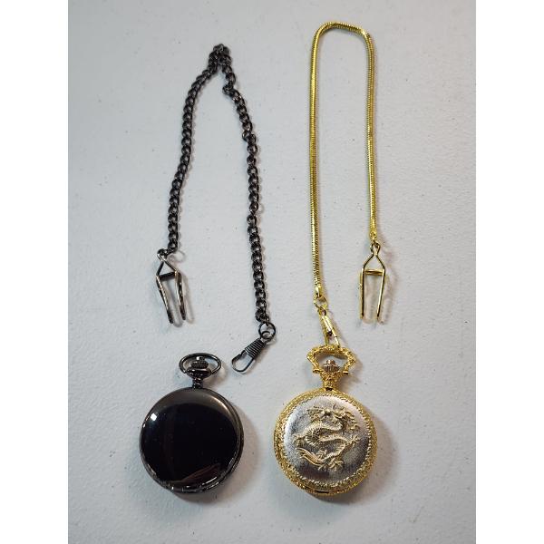 Two Pocket Watches: Black Finish & Two-Tone Chinese Dragon 