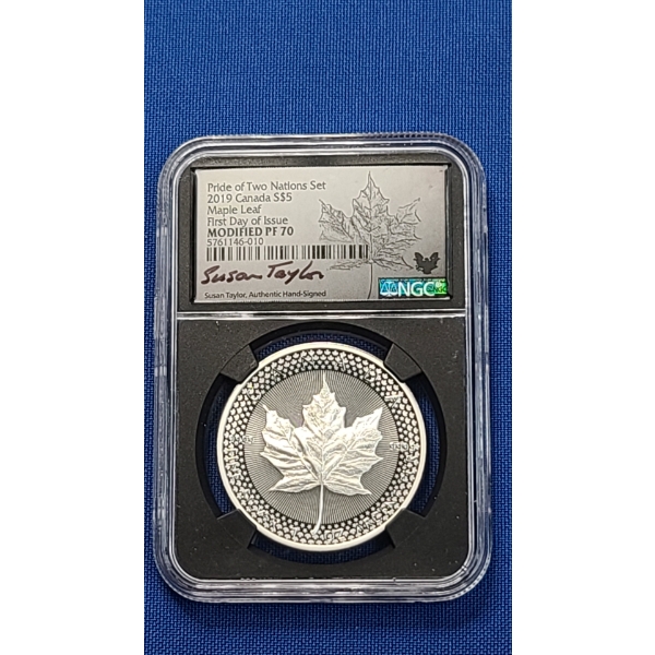 2019 NGC First Day Of Issue Modified PF 70 Pride Of Two Nations 1 oz 9999 Silver Canadian Maple Leaf