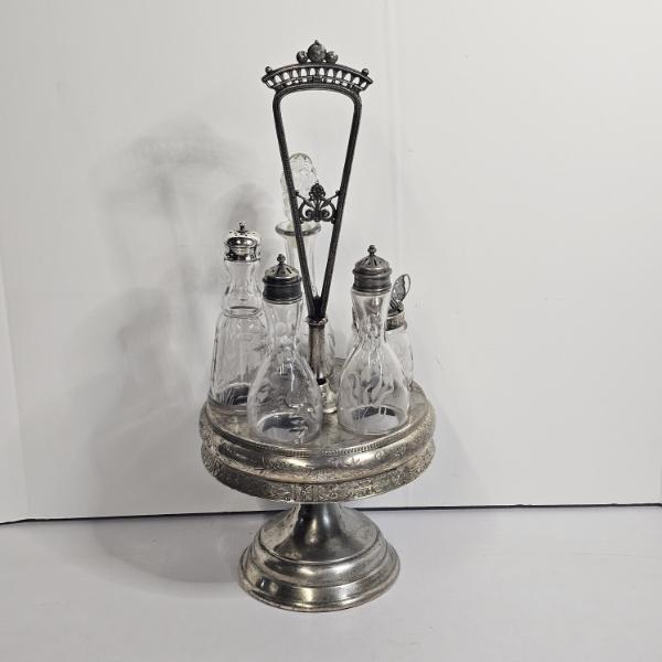 Antique Silver Plate 5 Bottle Condiment Caster Set With Etched Glass Bottles, 16.5"
