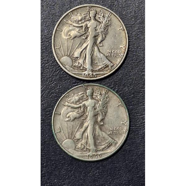 2 Pcs - Walking Liberty 90% Silver Halves - 1945 S - 1946 S -  See Pics for condition