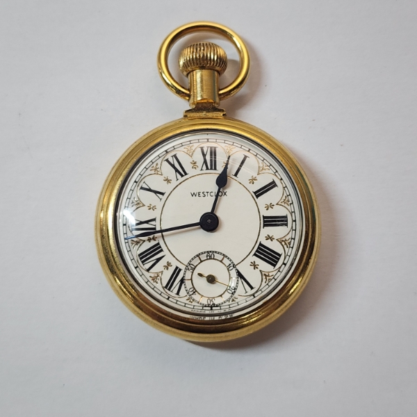 Westclox Gold-Tone Pocket Watch with Railroad Train Engraved Back