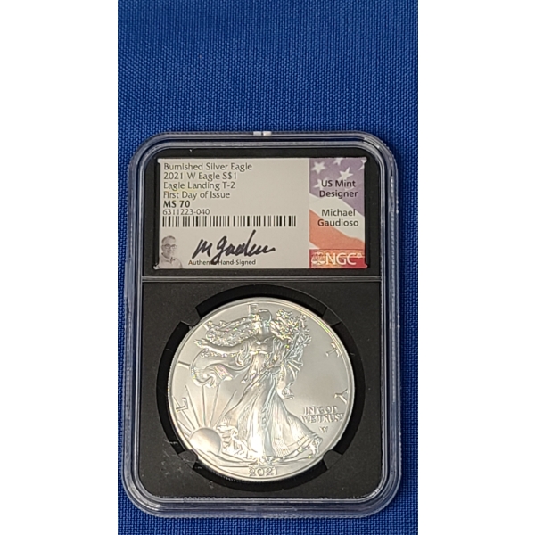 2021W NGC Eagle Landing T-2 First Day Of Issue MS 70 Burnished 1 oz Silver American Eagle -Signed