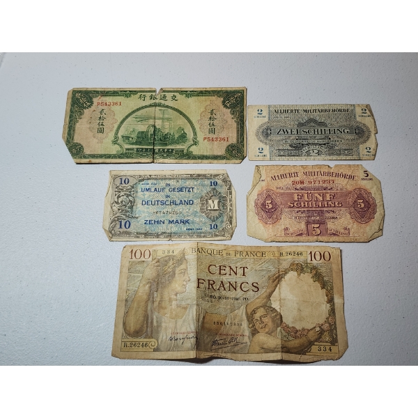 Lot of 5 Assorted Foreign Paper Money Including WWII Era, France, Germany, China, Austrian