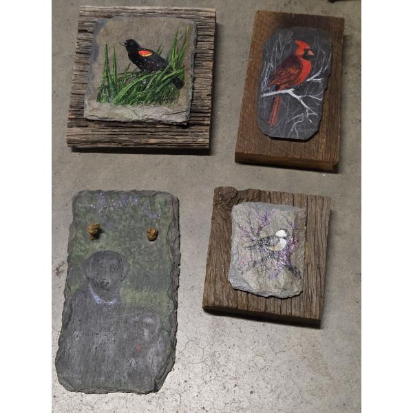 Gorgeous Hand Painted Henry Edinger Slate With Wood Back Bird Paintings