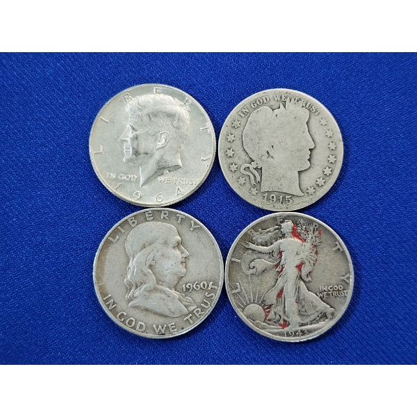 x4 90% Silver U.S. Half Dollars: 1964 Kennedy, 1915 Barber, 1943 Walking Liberty, 1960 Franklin 