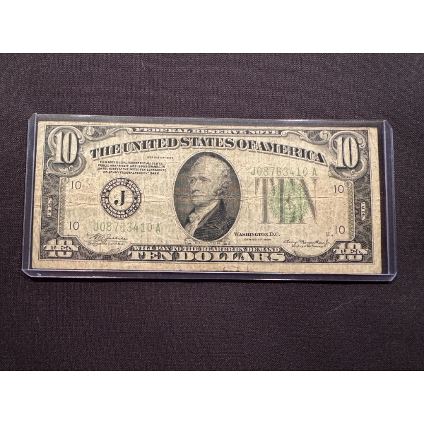 1934 United States Hamilton $10.00 Bill In Protective Holder - Mint Condition