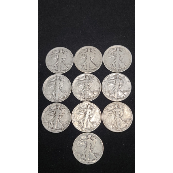 Assorted Years/Mint Marks 90% Silver Walking Liberty Half Dollars - Face Value: $5.00
