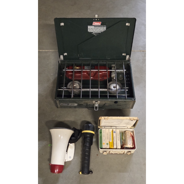 New Coleman Camp Stove, First Aid Box, Battery Operated Flashlight & Megaphone 