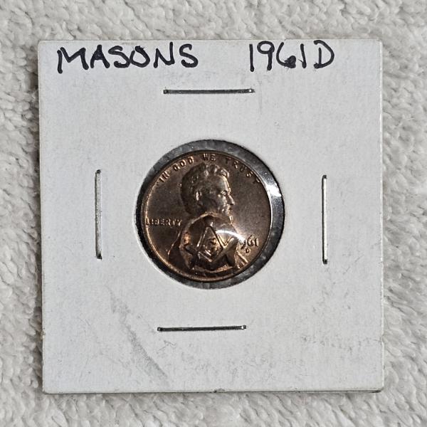 1961-D United States Lincoln Memorial Cent Counterstamped Masonic Square And Compasses