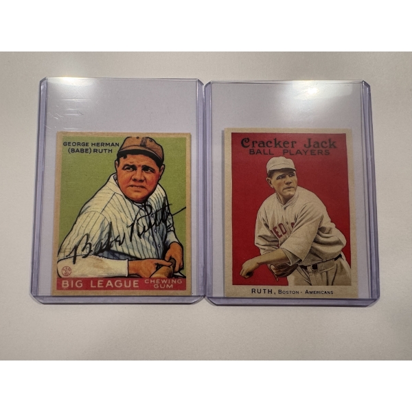 2 - BABE RUTH Goudey & Cracker Jack Throwback Baseball Cards In Protective Holders - Mint Condition
