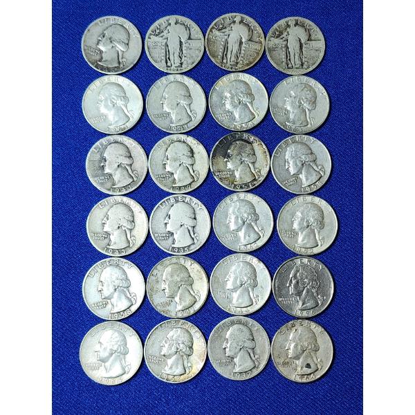 x24 Assorted Years 90% Silver Quarters Including Standing Liberty and Washington FV: $6.00