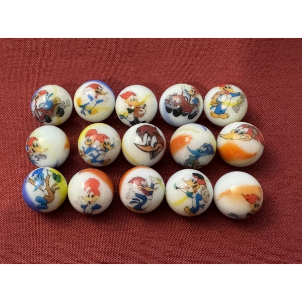 Extremely Rare Vintage Woody Wood Pecker Hand Painted 15 Piece Marble Advertising Set - Mint