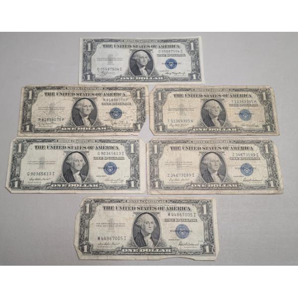 Series 1935 A, 1935 D, 1935 E, 1935 F $1 Silver Certificate Bank Notes - Face Value: $6.00