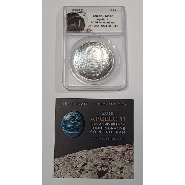 ANACS 2019-P MS 70 Apollo 11 50th Anniversary Day One #231 Of 311 .999 Silver Proof Dollar With COA