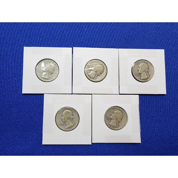 Assorted Washington Quarters: Silver Years: 1937, 1942, 1946, 1940 & Clad 1965 FV: $1.25