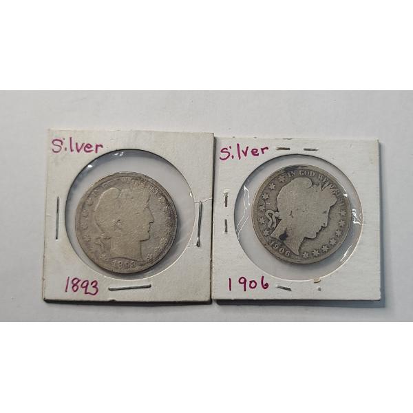 United States 1893 & 1906-O Barber 90% Silver Half Dollars - Face Value: $1.00