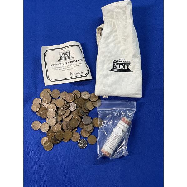Lot of Assorted Year Lincoln Wheat Pennies w/ First Commemorative Mint Coin Bag FV: $1.50