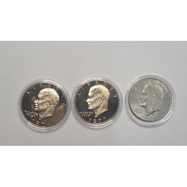 U.S 1974-S Proof, 1977-S Proof, 1978-D Eisenhower Dollars In Coin Capsules - Face Value: $