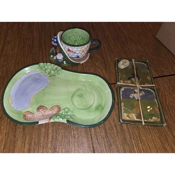Small Ceramic Golf Tray, Mug & Holder, New Coaters Plus Cute Mickey Mouse Towel Set