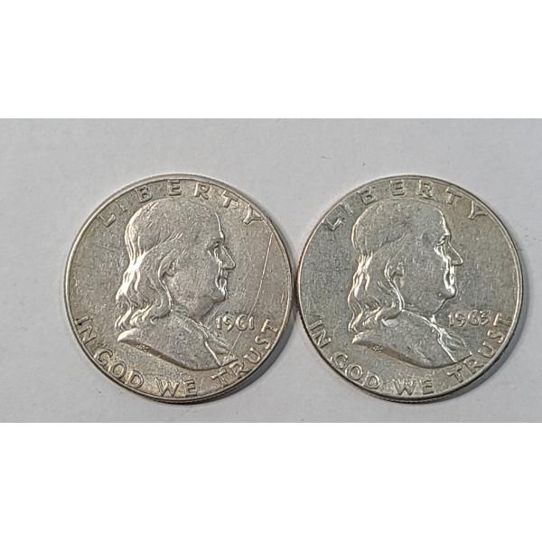 United States 1961 & 1963 90% SIlver Franklin Half Dollars - Face Value: $1.00