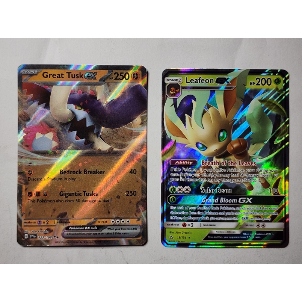 Two EX Holo Rare Pokemon Trading Cards Ft. Great Tusk 123/198 & Leafeon 13/156 ~ BOTH NEAR MINT!