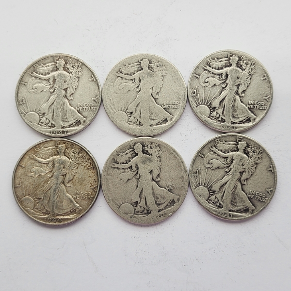 Six Assorted Years Walking Liberty Half Dollars - 90% Silver - FV: $3.00