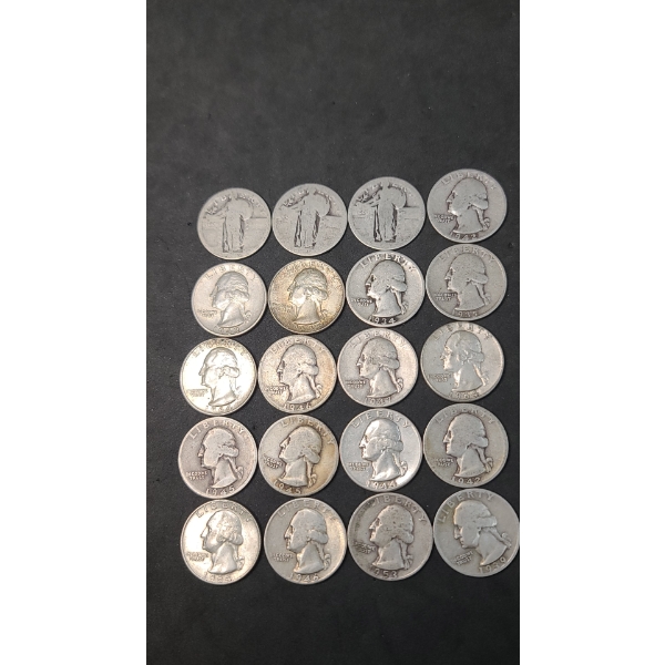 Assorted Years/Mints 90% Silver Standing Liberty & Washington Quarters - Face Value: $5.00