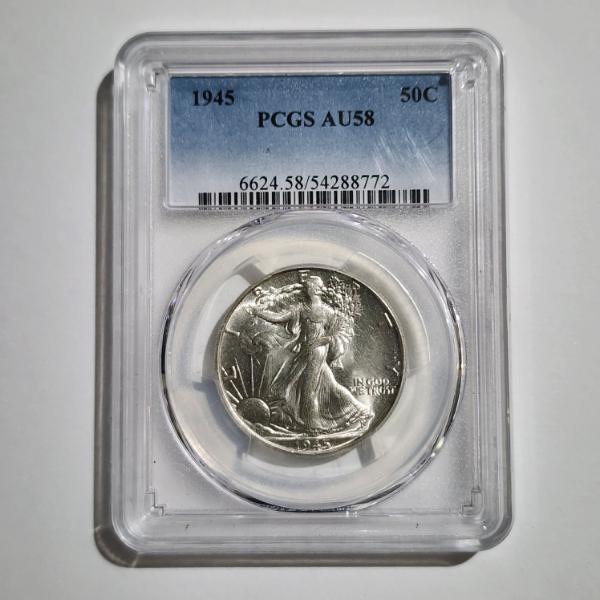 PCGS AU58 Graded United States 90% Silver 1945 Walking Liberty Half Dollar 