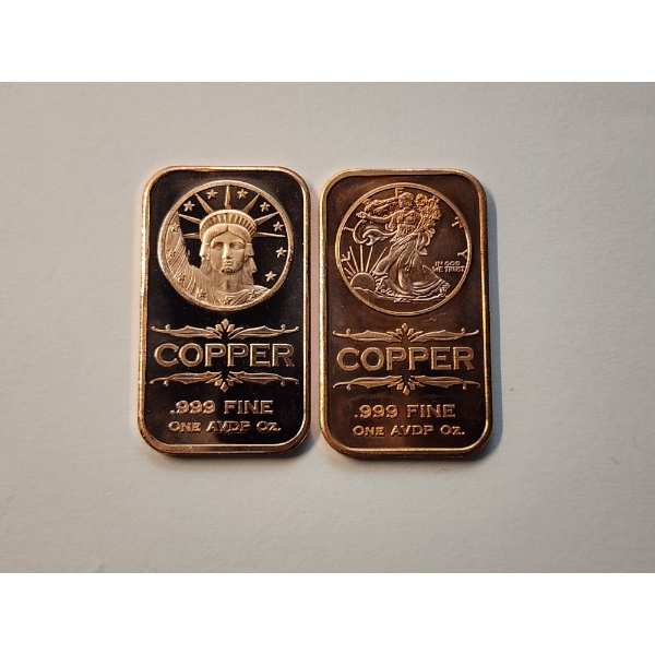 (2) 1 AVDP ounce .999 Fine Copper Bars ft. Statue of Liberty & Walking Liberty Design 2 oz Total