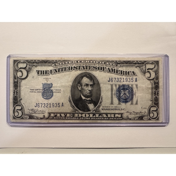 1934A United States Lincoln $5.00 Silver Certificate Note In Protective Holder - Mint Condition