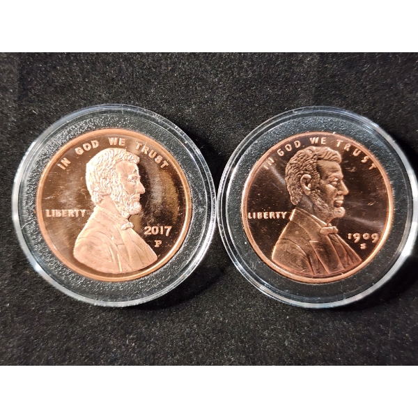 Lot of Two .999 Fine Copper AVDP Ounces in Protective Cases - 2017-P & 1909-S VDB Penny DESIGNS
