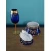 Image 2 : 2 Pc Blue & Gold Venetian Glass Tall Goblet & Swan Music Box - See Pics