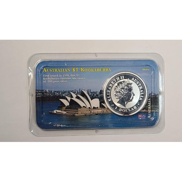 2001 Austrailian One Troy Ounce .999 Fine Silver Queen Elizabeth II Kookaburra Coin In Display