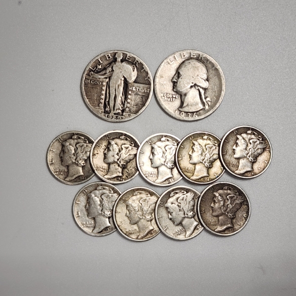 Assorted U.S. 90% Silver Coins: Mercury Dimes, Standing Liberty Quarter, & Washington Quarter FV: $1