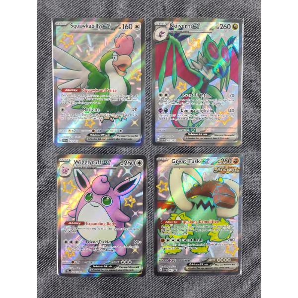 Lot of Four Assorted 2024 Pokemon Holo Shiny Trading Cards Ft. Great Tusk Promo, WigglytuffEx & More