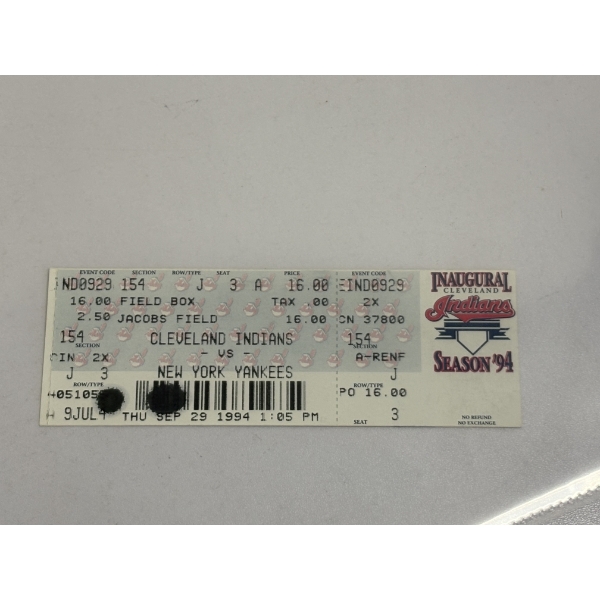 1994 Jacobs Field Indians Vs. Yankees Ticket - Inaugural Season 94' - September 29, 1994
