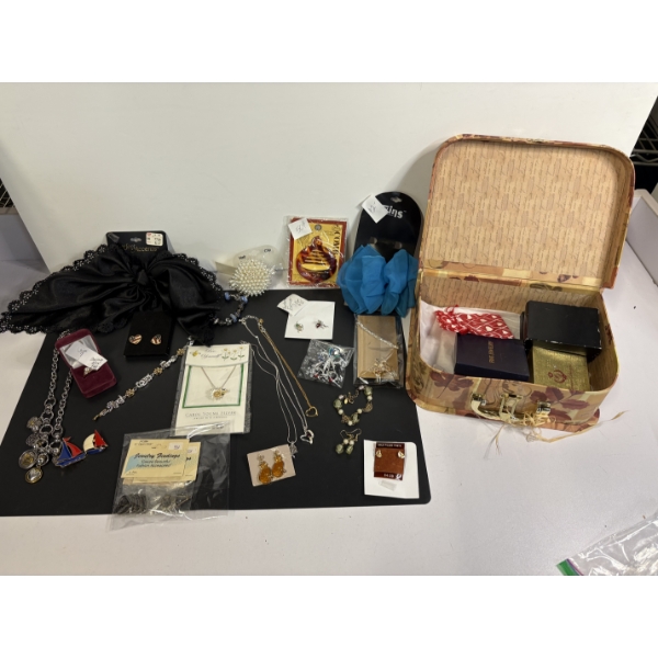 Assorted Costume Jewelry - Includes Jewelry Box & Gold Filled Earrings - Cat & Dog Bracelet 